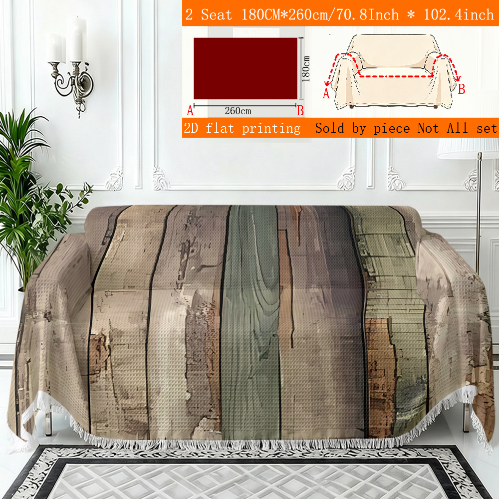 TEMU 1pc 2d Flat Printing Retro Wood Grain Texture Natural Rustic Style Waffle Sofa Cover, Sofa Pad -one Sofa Cover With Tassels, Sofa Protector,