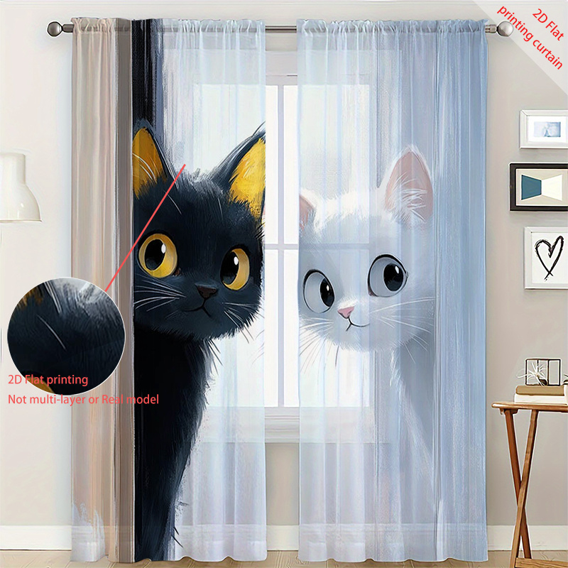 TEMU 2D Плоскі, 2D 2 шт. Прозорі Штори з Принтом Чорно-Білого Милого Котика, що Виглядає, для Домашнього Декору, Простий Художній Стиль, Плинна Вуаль