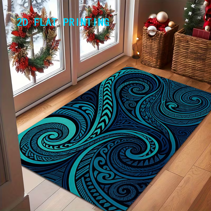 TEMU 1pc, 2d Flat Printing, Polynesian Maori Style Spiral Pattern Indoor Mat, Non-slip And Machine Washable Easy To Clean Polyester Carpet, Suitable