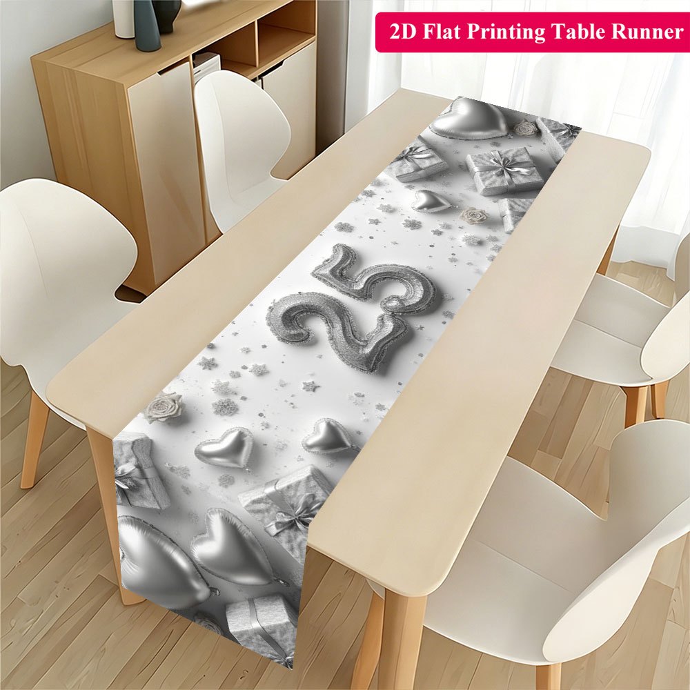TEMU 2D Plat Spandoek, 1 stuk, Tafelloper met Zilverkleurige Ballonnen, Cadeaus en Nummer 25 Ontwerp, Themafeestdecoratie, Geschikt voor Eettafels,