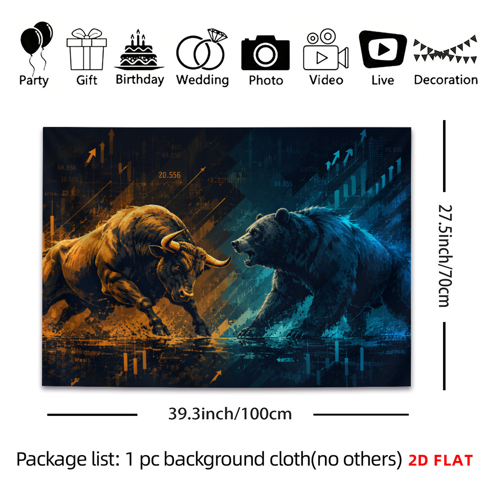 TEMU 2d Flat, 1pc Bull Vs Bear Wall Tapestry - Stock Market Chart Art Suitable For Home Office Decor, Finance-themed Horizontal Hanging For ,, - Bull