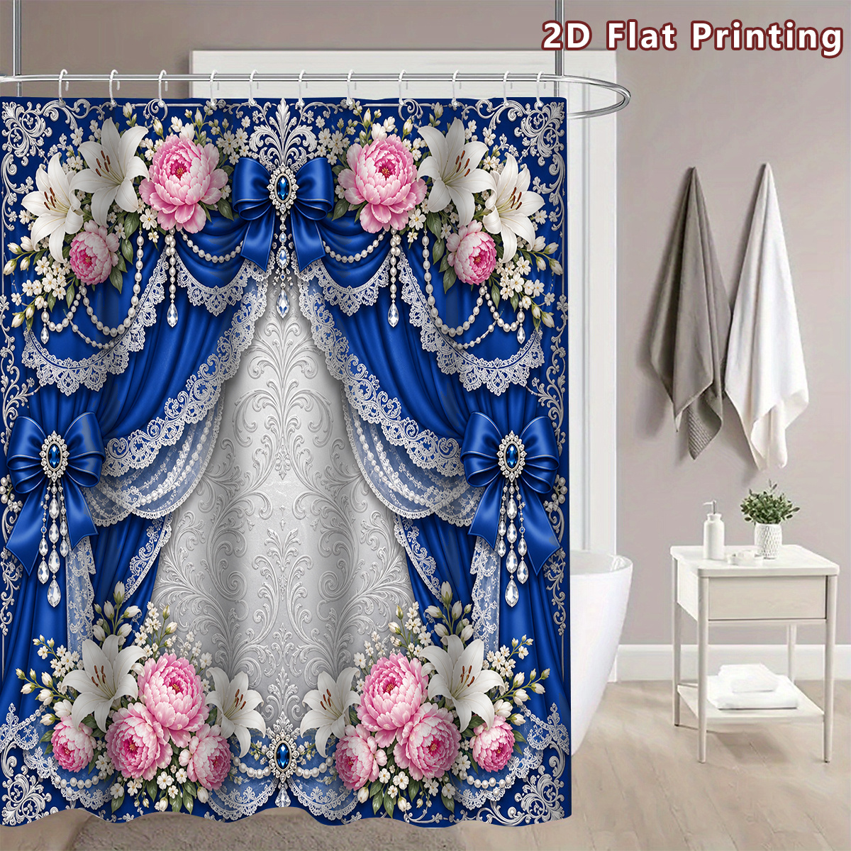 TEMU 2d Flat, 1pc 2d Flat Royal Blue Lace Pink Peony Baroque Shower Curtain, Bathroom Decor, Options (80x180cm, 120x180cm, 150x180cm, 180x180cm,