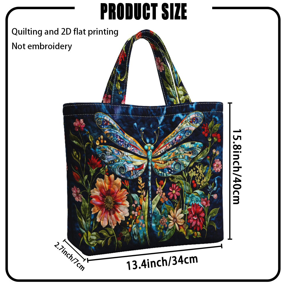 TEMU 1pc Reusable Grocery Bags, Quilting And 2d Flat Printing Colorful Dragonfly With Flowers Pattern Quilted Large Capacity Tote Bag, Casual Travel