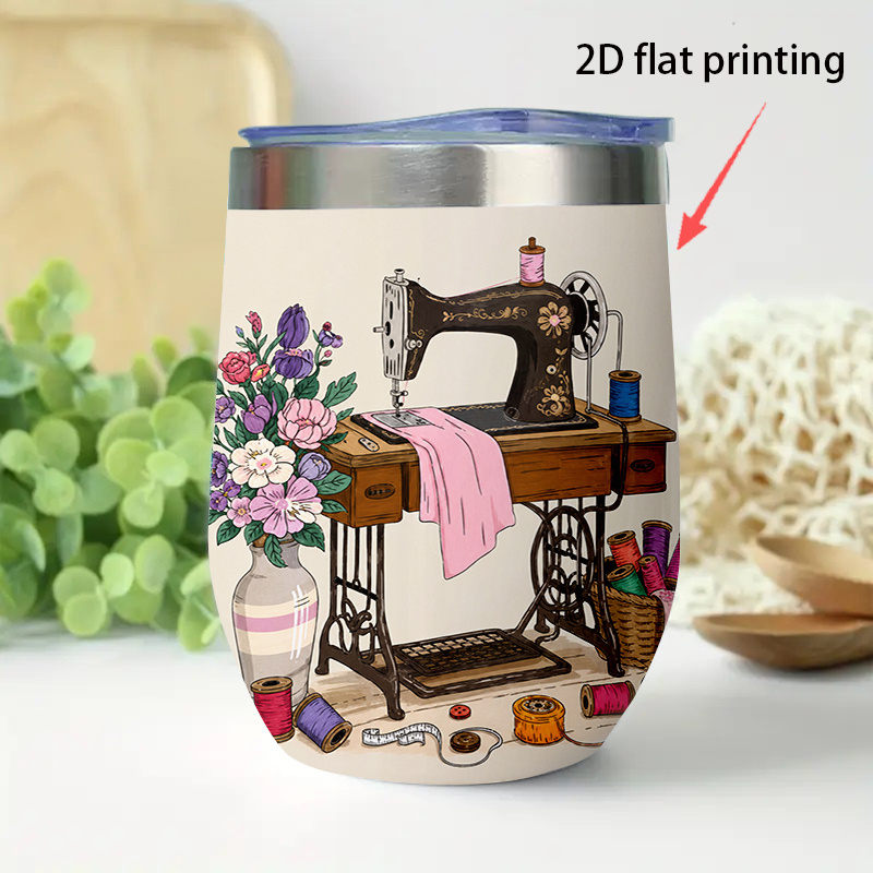 TEMU 1pc 12oz Coffee Cups And Mugs Stainless Steel Tumbler, Leak-proof, Portable, Hot And Cold, Gift Idea, Vintage Sewing Machine Theme