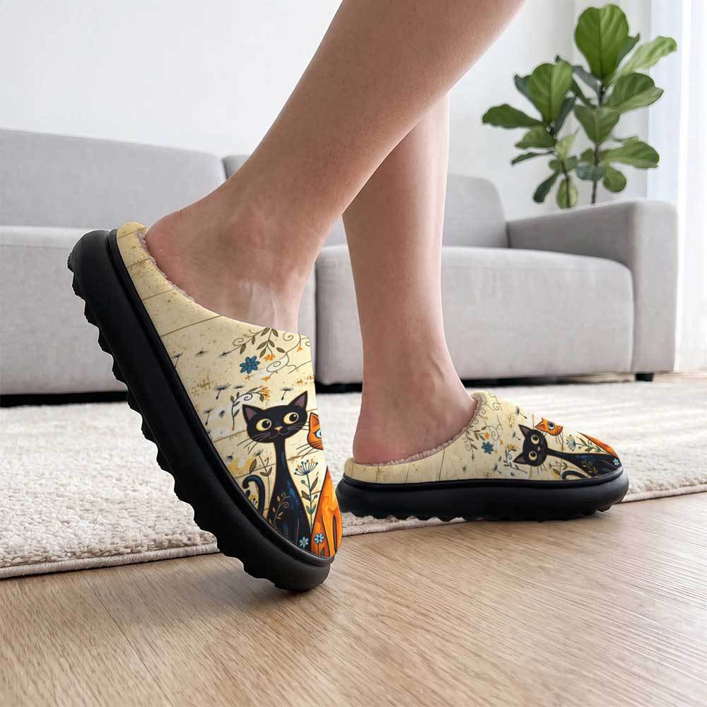 TEMU Cat And Floral Pattern Serrated Thick Sole Half Slippers, Unisex Winter Plush-lined Slippers For Indoor And Outdoor Wear, Women Shoes