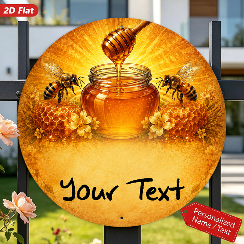 TEMU 2d Flat, 1pc Text Custom Honey Bee Garden Round Metal Sign Wall Art, Your Text , Honey Jar Centerpiece, Honey , 2 Flying Bees, Honeycomb Base,