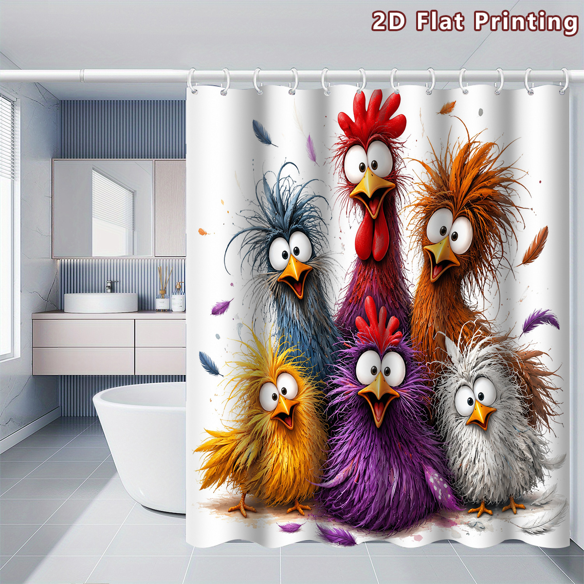 TEMU 2d Flat, 1pc 2d Flat Colorful Funny Cartoon Chickens Shower Curtain, Bathroom Decor, Options (80x180cm, 120x180cm, 150x180cm, 180x180cm,