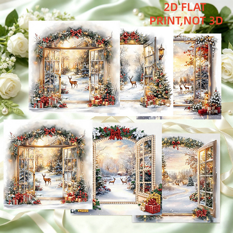 TEMU 6pcs Set Of 2d And Bright Window Scene Pattern Diamond Painting Greeting Cards, Classic Hand-painted Art To Holiday Elements Art Postcards,