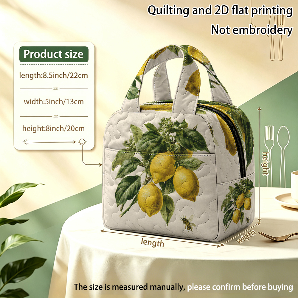 TEMU 2d Flat, 1pc Reusable Lemon Tree With Bee Quilted Insulated Handbag, Insulated Lunch Bag, (non-food Contact) Perfect For Gym, Beach Trips, &