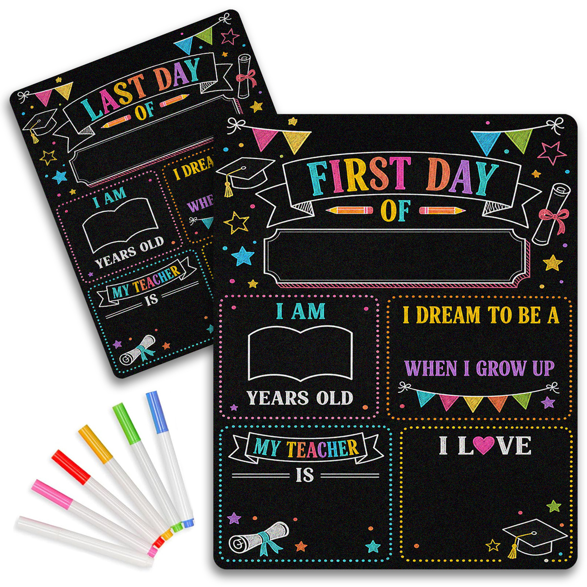 TEMU 1pc Wooden Double Sided Day Of School Chalkboard Sign, Back To School Sign, Reusable Chalkboard, Colored Bunting, And Graphics, Multiple Writing
