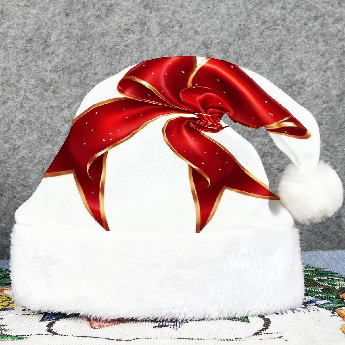 TEMU 1pc, Realistic Style Red Bow Christmas Hat, Printed Pattern Christmas Hat, Classic Printed Plush Hat, Anniversary Gift, Perfect Gift For Winter