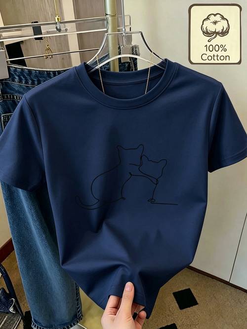 item picture spring summer 100 short sleeve line art print of two cats pure loungewear top