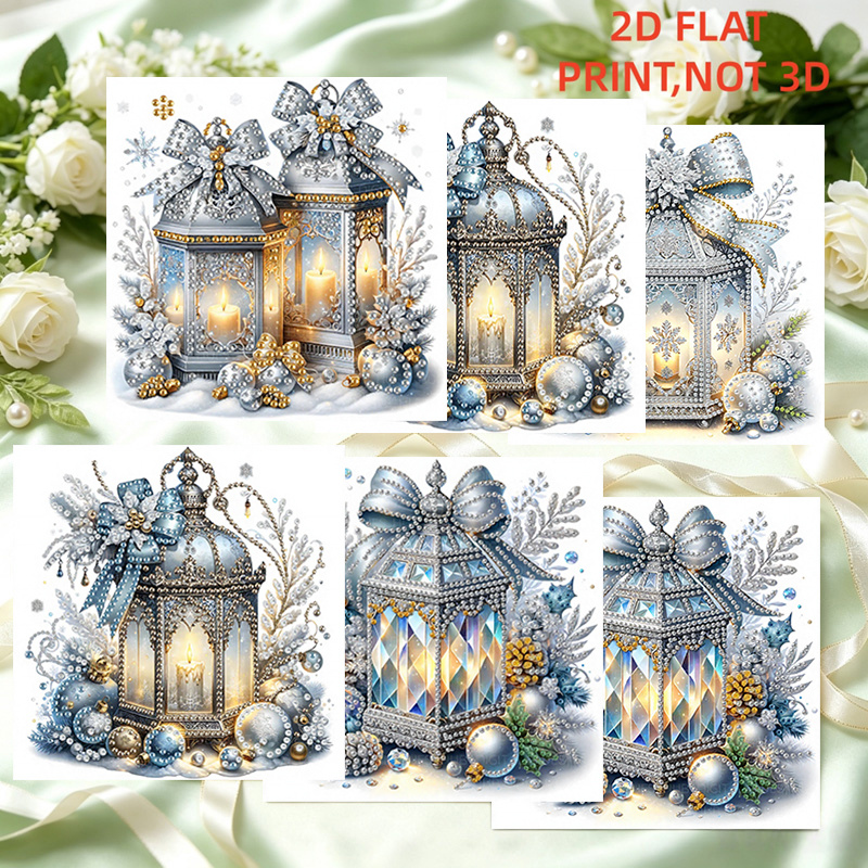 TEMU 6pcs Set Of 2d Flat Elegant Blue And Silvery -style Lantern Diamond Painting Greeting Cards, Trendy Hand-painted Art To Classical Romantic