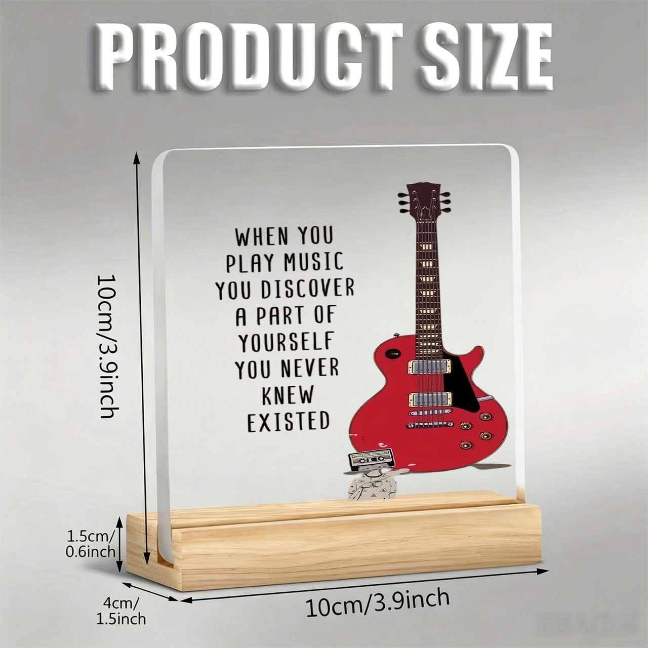 TEMU 1pc Guitar Pattern Ornament With Inspirational Slogan, Acrylic Decoration With Wooden Base, Paperweight, Office Desktop Accessory, Desk Supplies