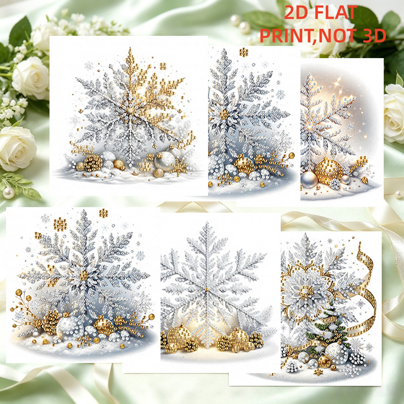 TEMU 6-sheet 2d Flat Luxury Dual-color Snowflake Diamond Painting Greeting Card Set Trendy Hand-drawn Art Classic Winter Crystallization Element Art