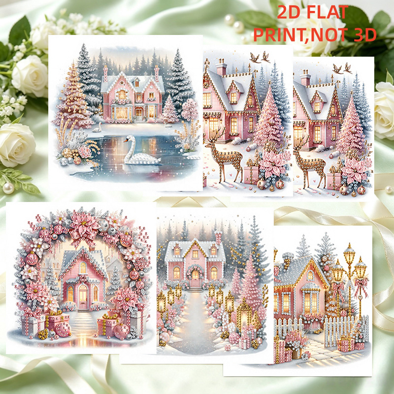 TEMU 6 Sheets Pink Christmas Cottage Pink Pine Christmas Tree Swan Reindeer Wreath Gift Pattern Diamond Painting Greeting Card Kit, Gentle Girly Pink