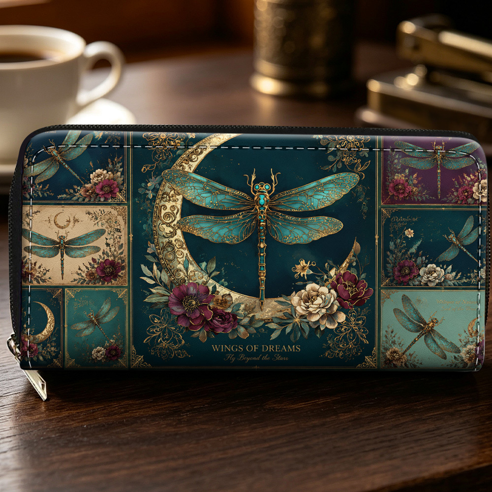 TEMU 1pc Dragonfly Crescent 2d Flat Designed Long Wallet With Zipper, Multifunctional Purse With Card Holder Card Slots And Coin Pouch, Fashionable