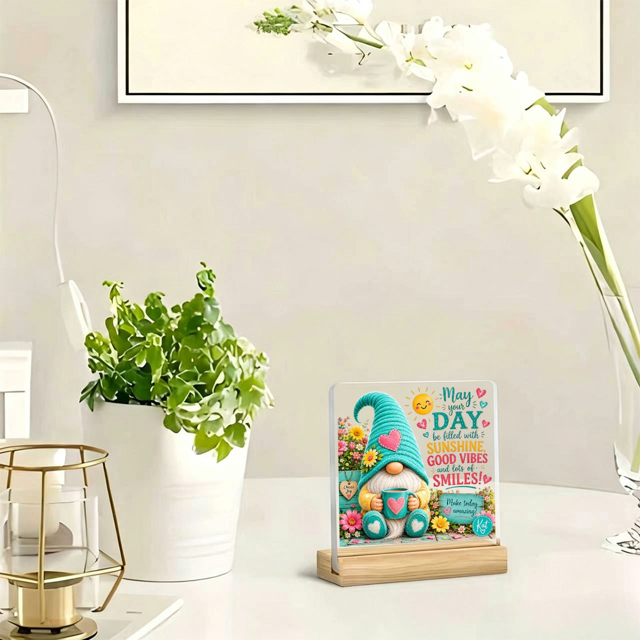 TEMU 2d Flat Plane, 1pc Elf " Full Of Sunshine" Ornament, Warm And Inspirational Slogan, Acrylic Ornament With Wooden Base, Paperweight, Office