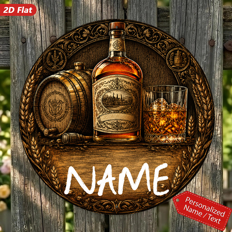 TEMU 2d Flat, 1pc Text Custom Whiskey Vintage Round Metal Sign Wall Art, Ideal For , Custom Name Text, Whiskey Bottle Centerpiece, Home Decor, Oak