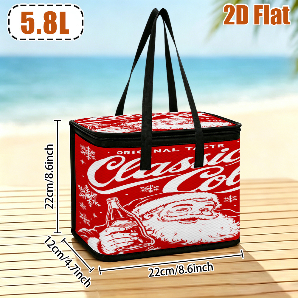 TEMU 2d Flat Printing, 1pc Insulated Lunch Bag Santa With Bottle Pattern Portable Insulated Bag Suitable For Sturdy Zipper Locks Tightly To Stop Cold