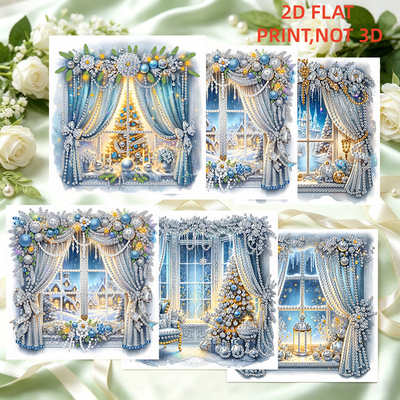 TEMU 6-sheet 2d Flat Aesthetic Christmas Tree Diamond Painting Greeting Card Set, Trendy Hand-drawn Art Homely Warm Element Art Postcard, Warm Room