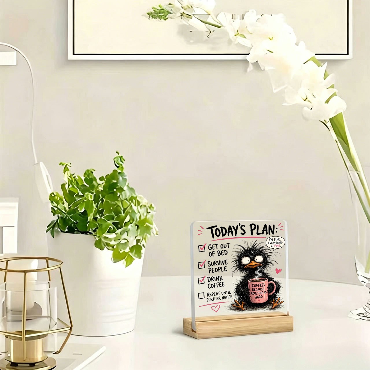TEMU 2d Flat Plane, 1pc "coffee: Adulting Is Hard" Ornament, Warm And Inspirational Slogan, Acrylic Ornament With Wooden Base, Paperweight, Office