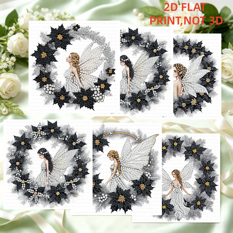 TEMU 6pcs Set Black And Red Poinsettia Wreath With Silvery Transparent Wings And White Dress Fairy Pattern 2d Flat Diy Diamond Painting Greeting Card