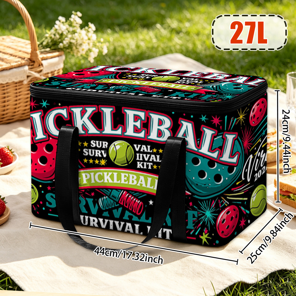 TEMU Pickleball Survival Kit Paddles Balls Design Thermal Insulated Shopping Bag, Car Trunk Picnic Cooler Large Capacity Bag, Non-food Contact