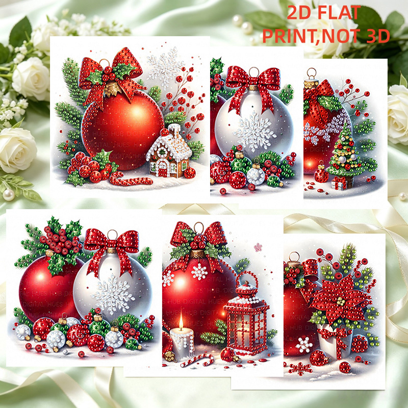 TEMU 6pcs Set 2d Flat And White Christmas Ball Ornament Diamond Painting Greeting Card Kit, Trendy Hand-painted Art To Holiday Decoration Aesthetic