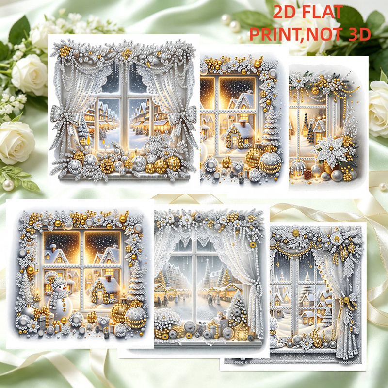 TEMU Ensemble de 6 feuilles de rideaux en dentelle platine, vue de fenêtre de Noël, boule ronde, de neige, motif d'hiver, ensemble de cartes de