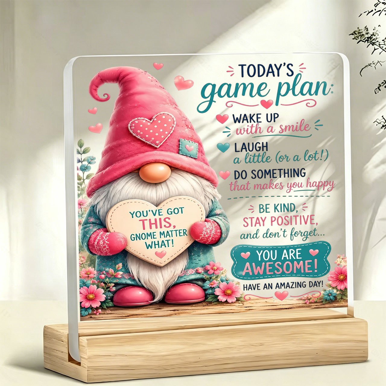 TEMU 2d Flat, 2d Hat Gnome Desk Decor With Floral Hearts & Positive Quotes - Suitable For Halloween Christmas Decoration, Encouragement Gift For,