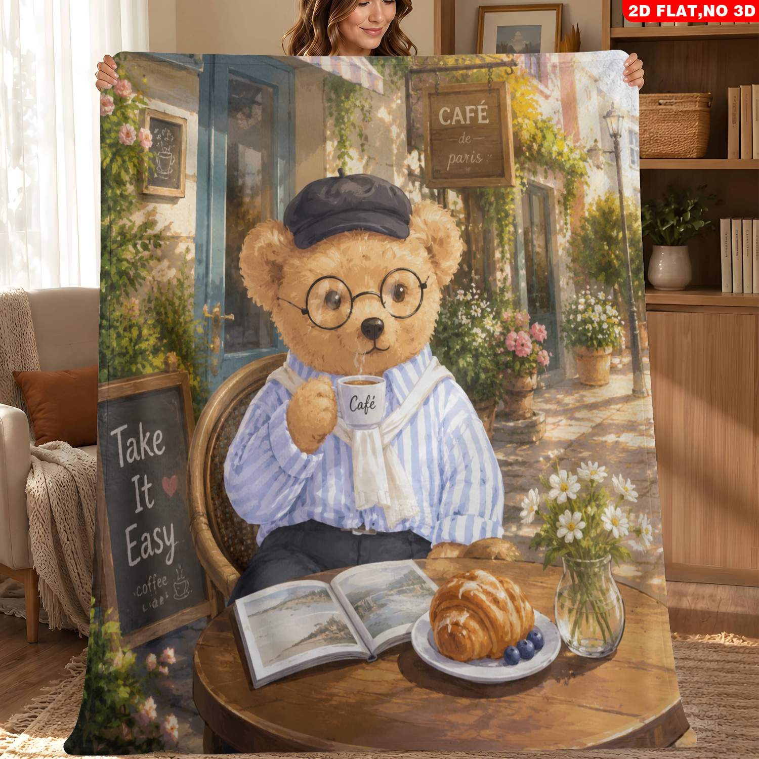 TEMU 1pc Soft Throw Blanket, 2d Flat Print Teddy Bear Reading With Coffee Croissant Pattern, Lightweight Cozy, Machine Washable, Multi Sizes, Decor
