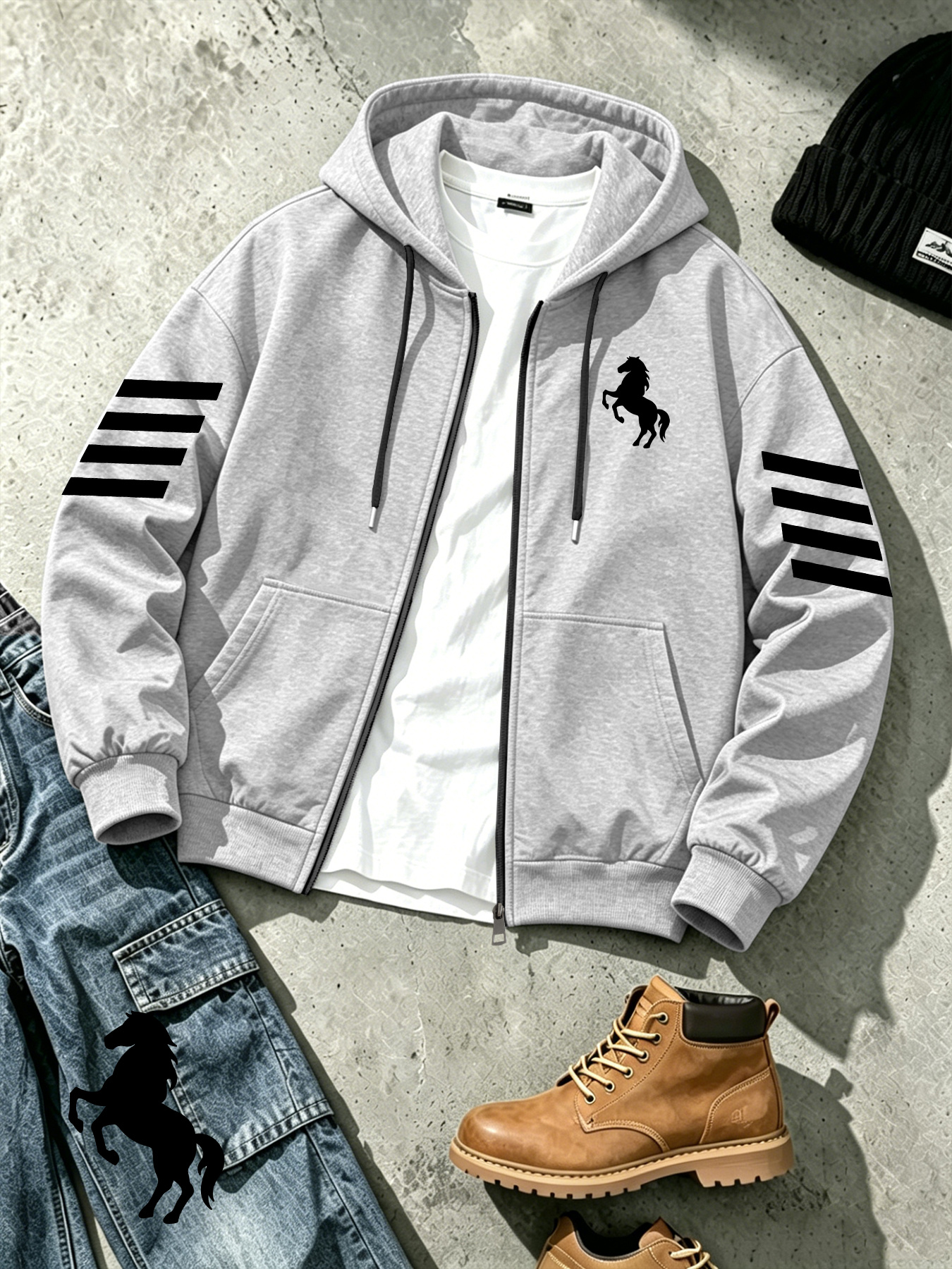 Men S Casual Zip-Up Hooded Jacket, Prancing   Print - Polyester Material, Machine Washable, Fashionable Casual Wear Quality Item