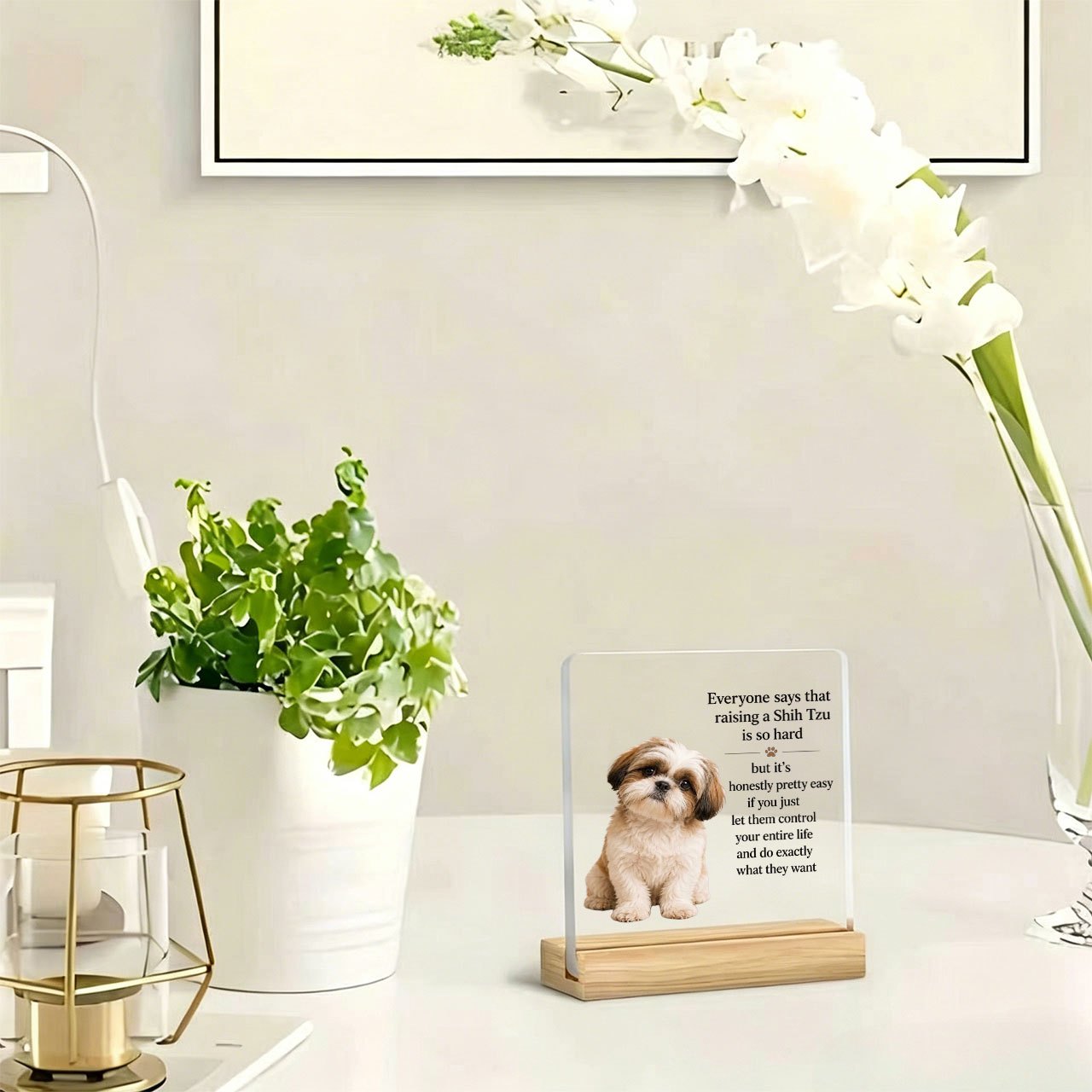 TEMU 1pc Shih Tzu Sitting Pose Pattern Ornament, Slogan Ornament, Warm And Inspirational Slogan, Acrylic Ornament With Wooden Base, Paperweight,
