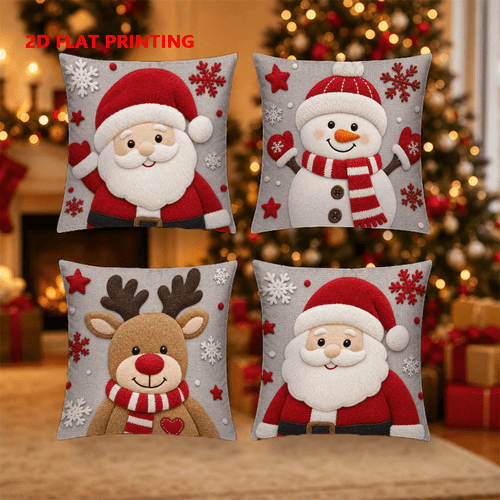 imagen del artículo juego de 4 fundas de almohada con estampado 2d de temática navideña, aptas para decoración en , estampado por una cara, fundas de almohada decorativas modernas y elegantes, material de poliéster, varios tamaños, cierre de cremallera, lavables a máquina, aptas para sofás