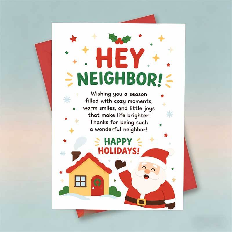 TEMU 1pc Greeting Card And 1pc Envelope, Christmas Card, Santa Claus And House Illustration "hey Neighbor", Suitable For Gifting , Festive Style