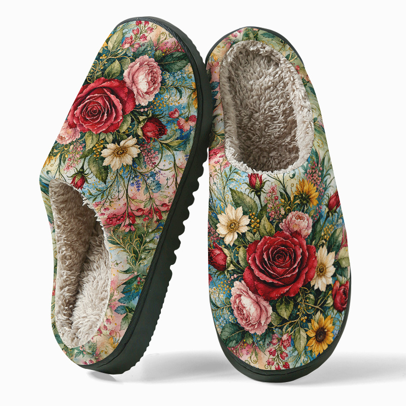 TEMU Men' & Women' Thickened Slippers Suitable For Indoor/outdoor Use, Vintage Watercolor Rose Floral Print Slip- With Tpr Sole, Warm Cozy Winter