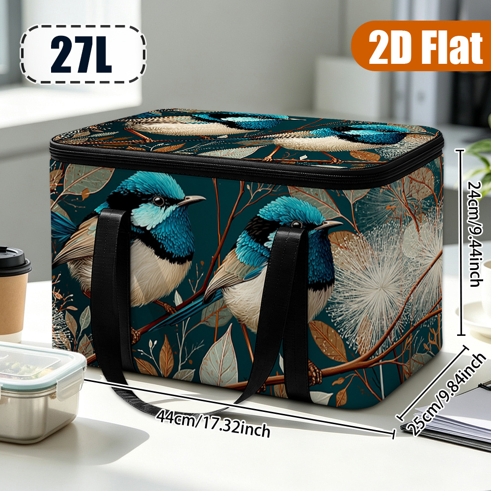 TEMU 2d Flat Blue With Flowers Print Insulated Lunch Bag Portable Tote For Work Commute Picnic Beach Nonfood Contact Insulated, 2d Flat