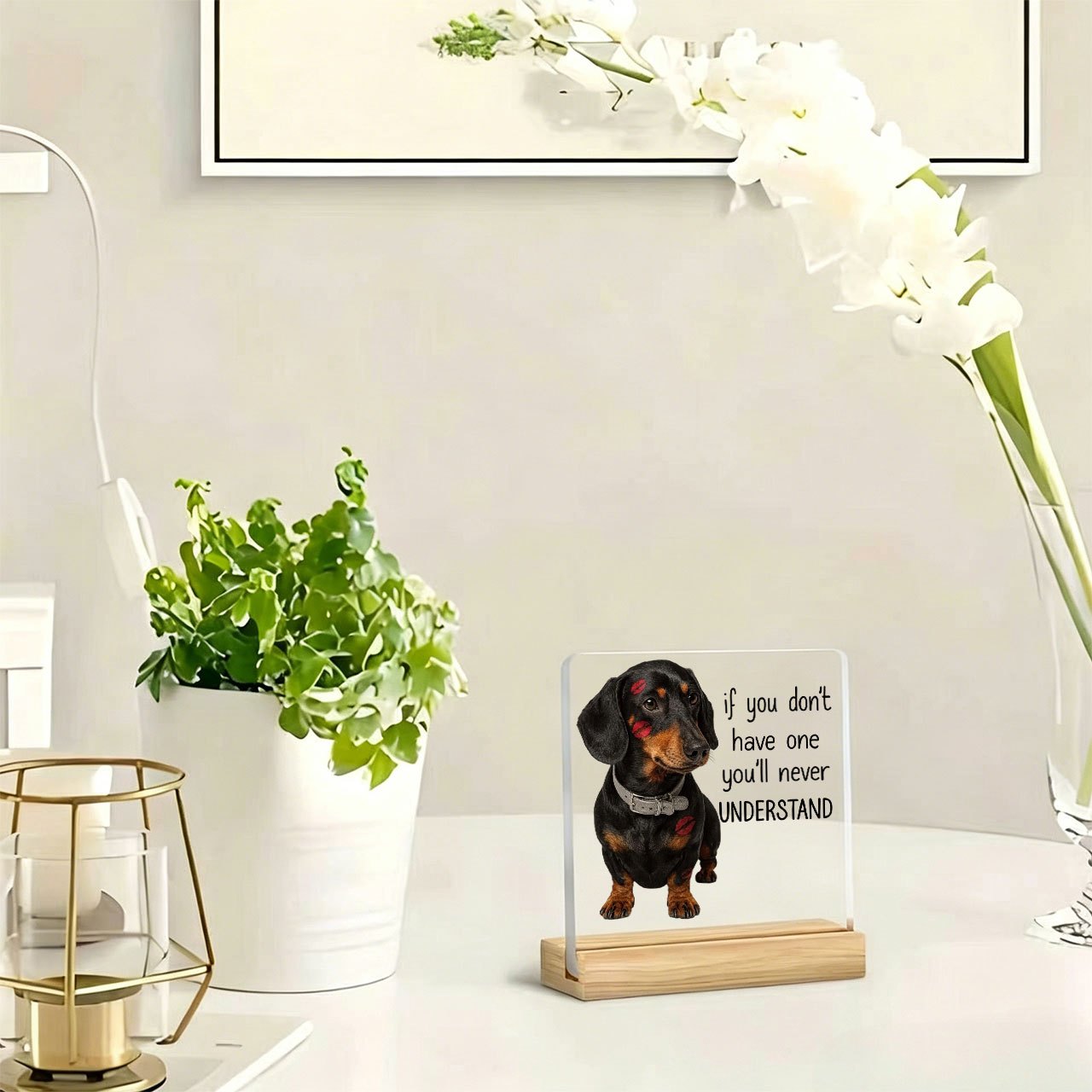 TEMU 1pc Sausage Dog Red Lips Bite Mark Ornament Slogan Ornament Warm, Inspirational Slogan, Acrylic Ornament, With Wooden Base, Paperweight, Office