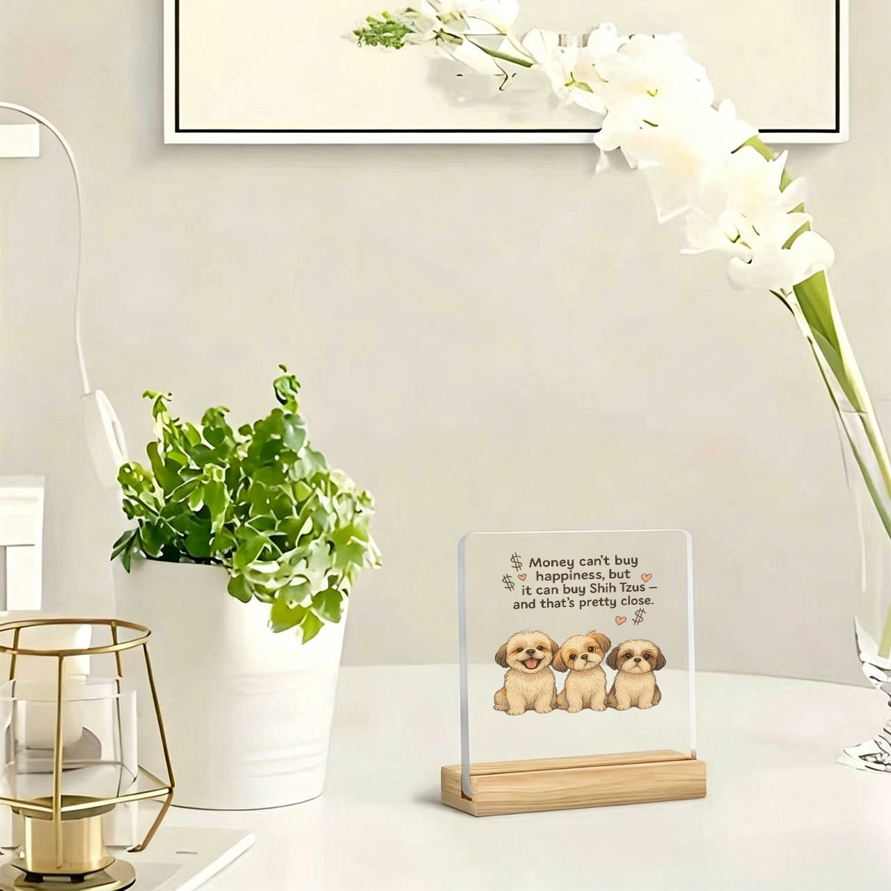 TEMU 1pc 3 Shih Tzu Dogs Cartoon Pattern Ornament, Slogan Ornament With Warm And Inspirational Quote, Acrylic Ornament With Wooden Base, Paperweight,
