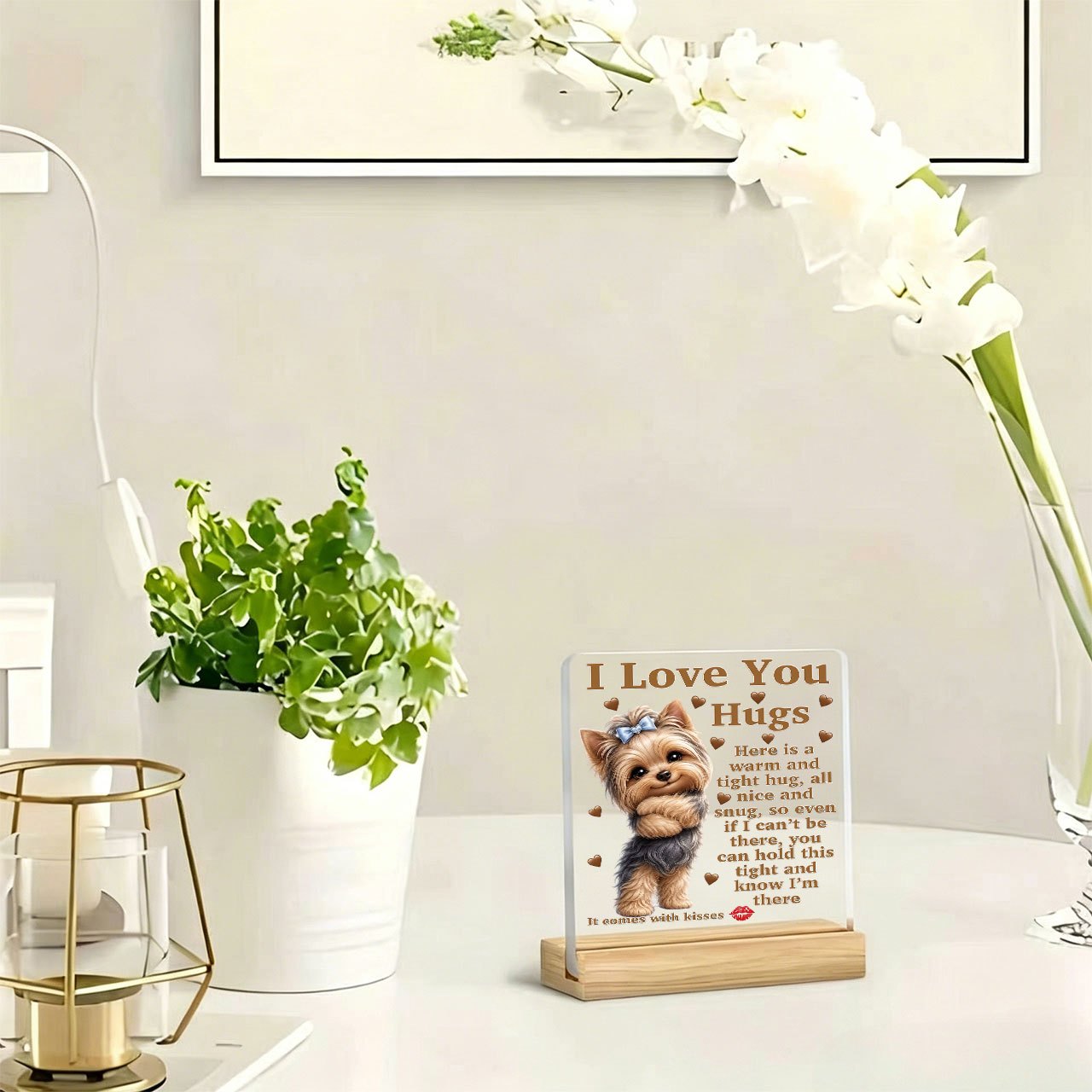 TEMU 1pc "i Love You Hugs" Puppy Pattern Paperweight Ornament, And Inspirational Slogan, Acrylic Ornament With Wooden Base, Paperweight, Desktop