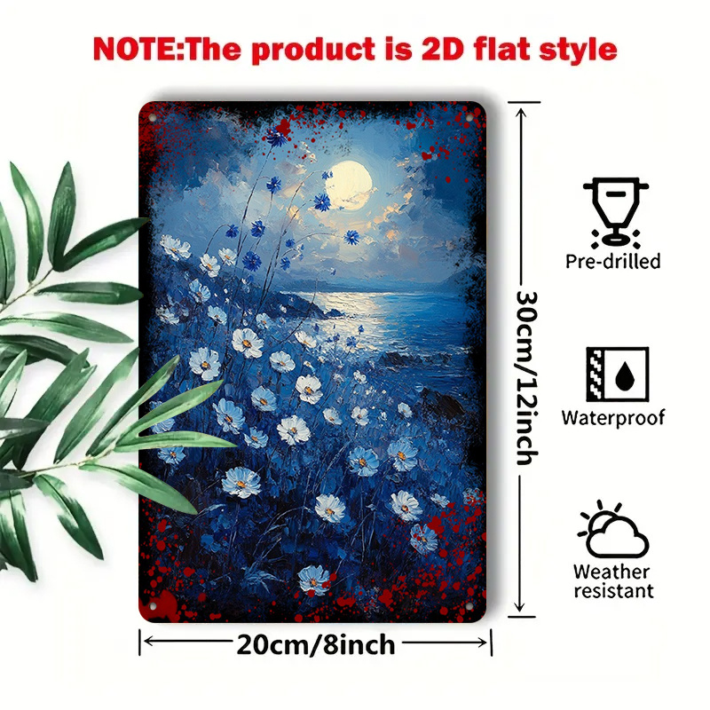 item picture   1pc   metal sign moonlight blue flower sea decorative     night sky and ocean scene 8x12inch suitable for kitchen dining room bedroom living room bathroom home decor