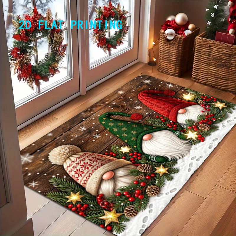 TEMU Paillasson d'entrée 1 pièce, impression 2D à plat, motif de planche de bois avec gnome de Noël visage, coloré, antidérapant, lavable en machine,