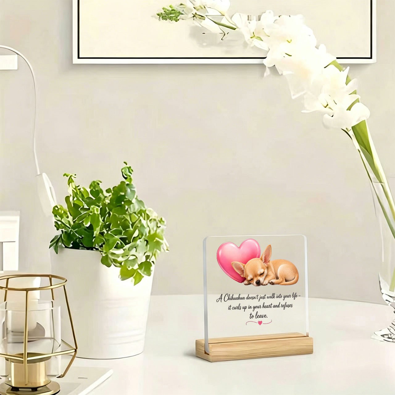 TEMU 1pc Chihuahua et Cœur Ornement Slogan Ornement , Slogan Inspirant, Ornement Acrylique, avec Base en Bois, Boule à Bille, Ornement de Bureau,