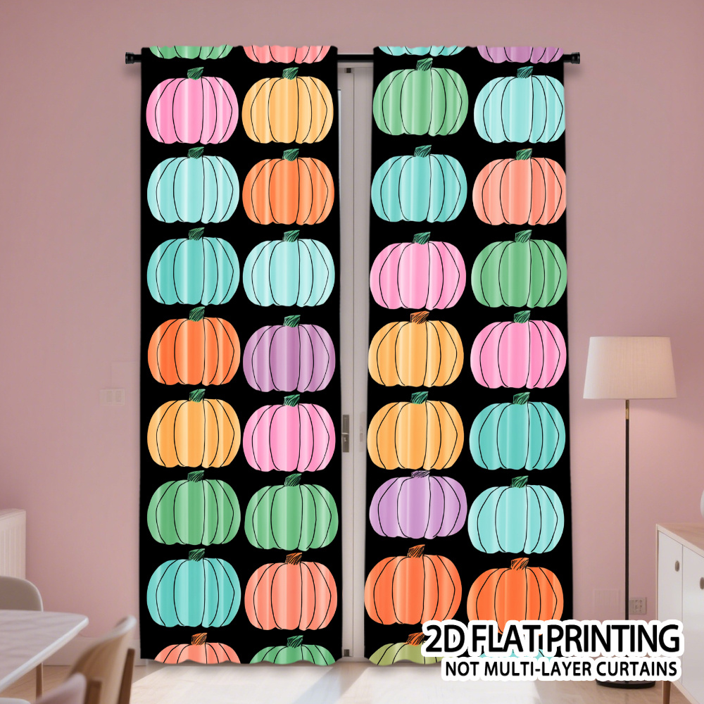item picture 2d flat 2d flat 2pcs horror halloween colorful pumpkins black background pattern curtains light filtering polyester rod   curtains   bedroom living room office other home decorations machine washable