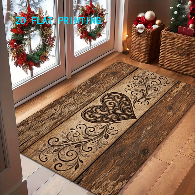TEMU Paillasson d'entrée 1 pièce, impression 2D à plat, motif vintage à grain de bois avec cœur et , tapis en antidérapant, lavable en machine et