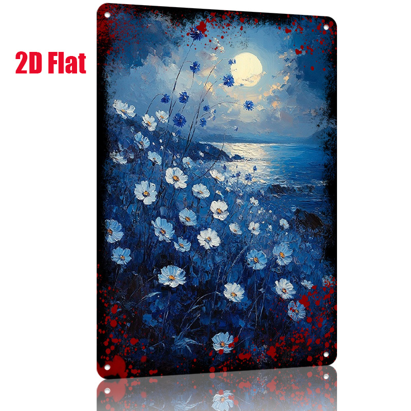   1pc   metal sign moonlight blue flower sea decorative     night sky and ocean scene 8x12inch suitable for kitchen dining room bedroom living room bathroom home decor
