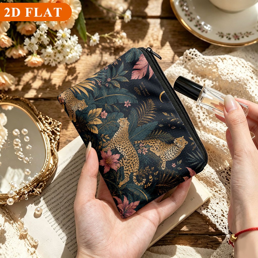 TEMU 2d Flat Coin Purse 1pc, Jungle With Golden , A Small Zippered Pouch Suitable For Storing , Keys, Cards, And Earphones; A Lightweight, Compact