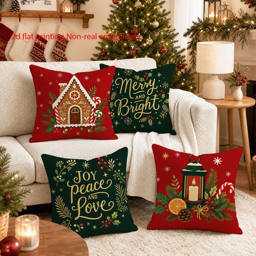 imagen del artículo 4 piezas, fundas de cojín rústicas navideñas de imprimación 2d, sin bordado real de de jengibre - fundas de cojín con de farol, 12x12/16x16/18x18/20x20 pulgadas, fundas de almohada decorativas de invierno para el hogar, para dormitorio, , sofá, coche, sin rellenos de almohada