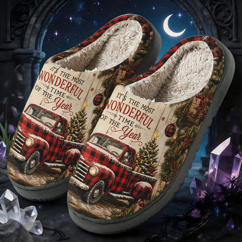 TEMU [comfortable Print Slippers] Red Black Vintage Christmas Truck With "" Slogan, Unisex Indoor Silent Slippers, Print Exquisite Individual Warm